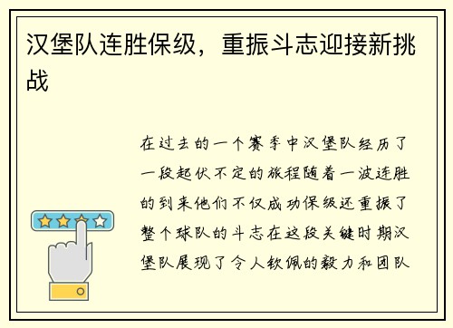汉堡队连胜保级，重振斗志迎接新挑战