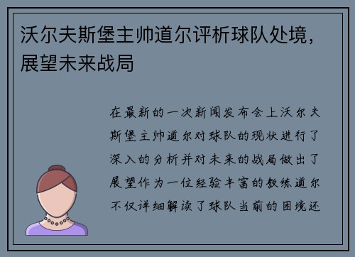 沃尔夫斯堡主帅道尔评析球队处境，展望未来战局